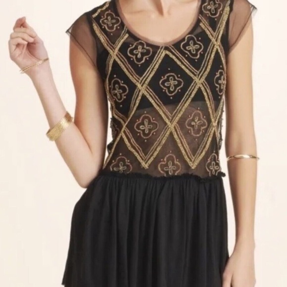 Free people shirt tulle raw pleated hem embroidered top beaded embroidery - Picture 1 of 7